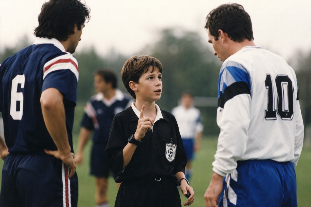 Jeune arbitre de soccer en uniforme noir, s’adressant à des joueurs adultes sur le terrain
