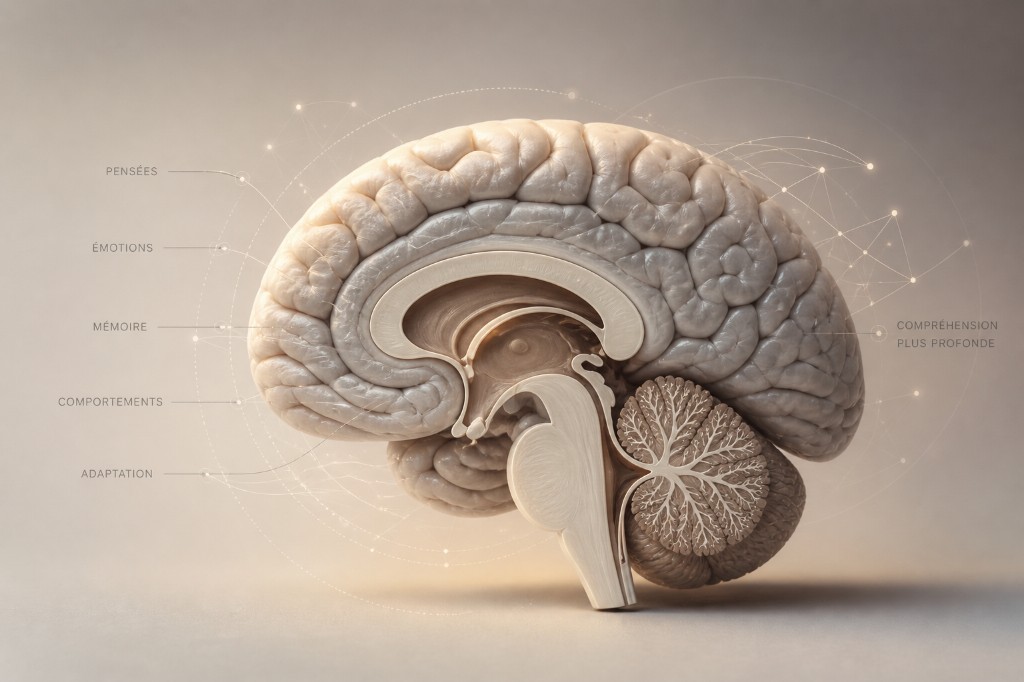 Illustration d’un cerveau annoté avec pensées, émotions, mémoire, comportements et adaptation